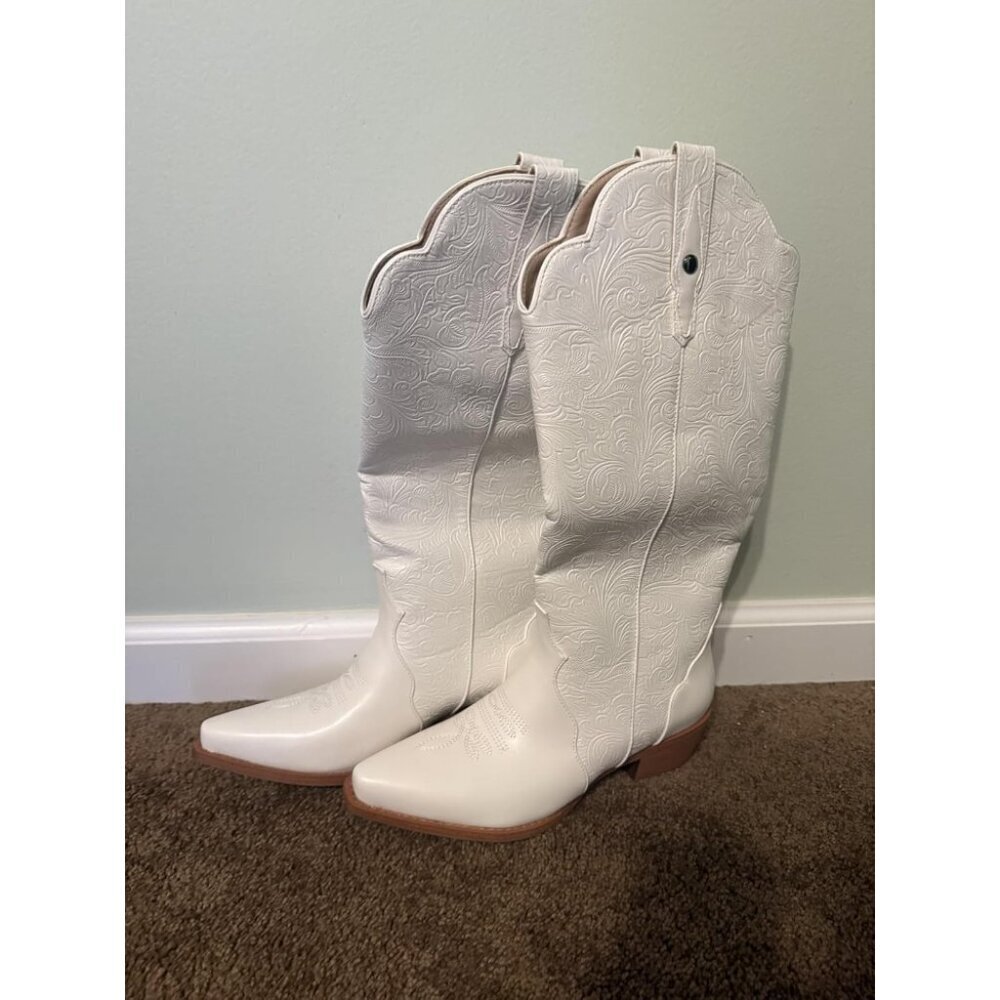 🆕Women White Faux Leather Pointed Toe Chunky Block Heel Vintage Western Boots